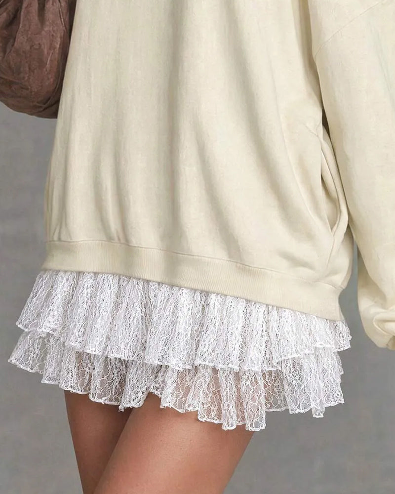Kleid Cold Shoulder Laternenärmel Spitze Patchwork