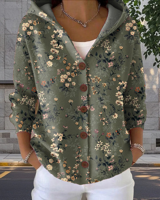 Strickjacke lässig mit Kapuze bedruckt Knopf