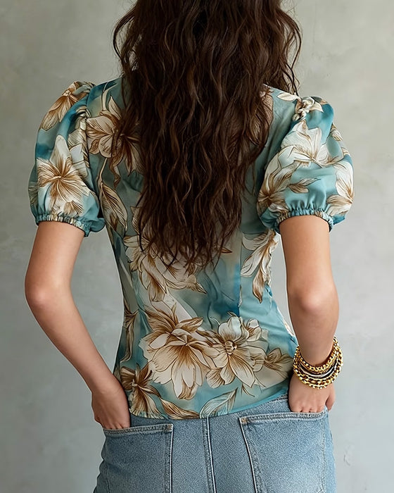 Bluse Mit Rüschen Blumig Puffärmel
