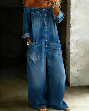 Jumpsuit Off-Shoulder Denim Weites-Bein