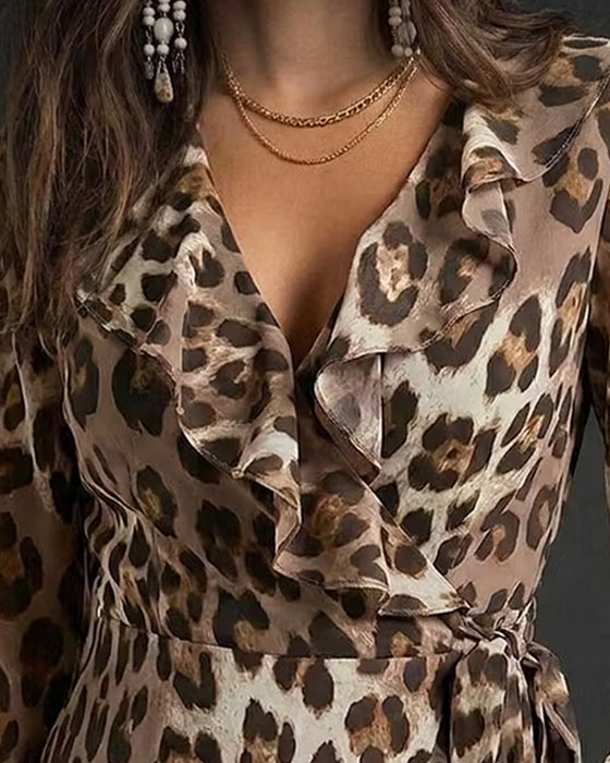 Bluse Rüsche Ärmel Leopard Druck