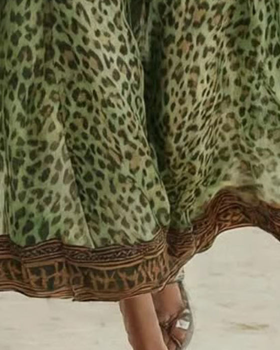 Kleid Leopardenmuster Halber Reißverschluss Ärmellos Lang