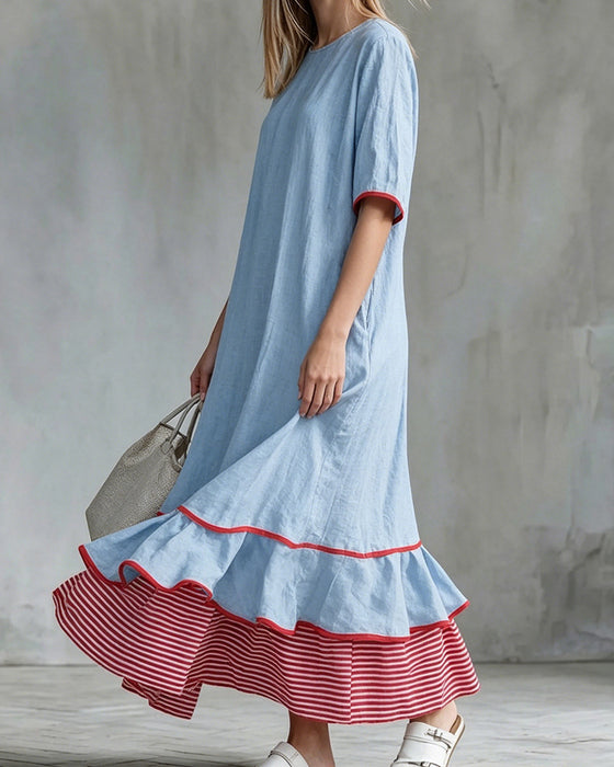 Kleid Farbblock Streifen Rüschen Maxi