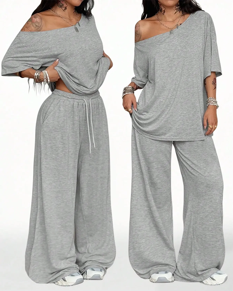 Set Schräger Hals Kordelzug In Der Taille Weit Bein Hose