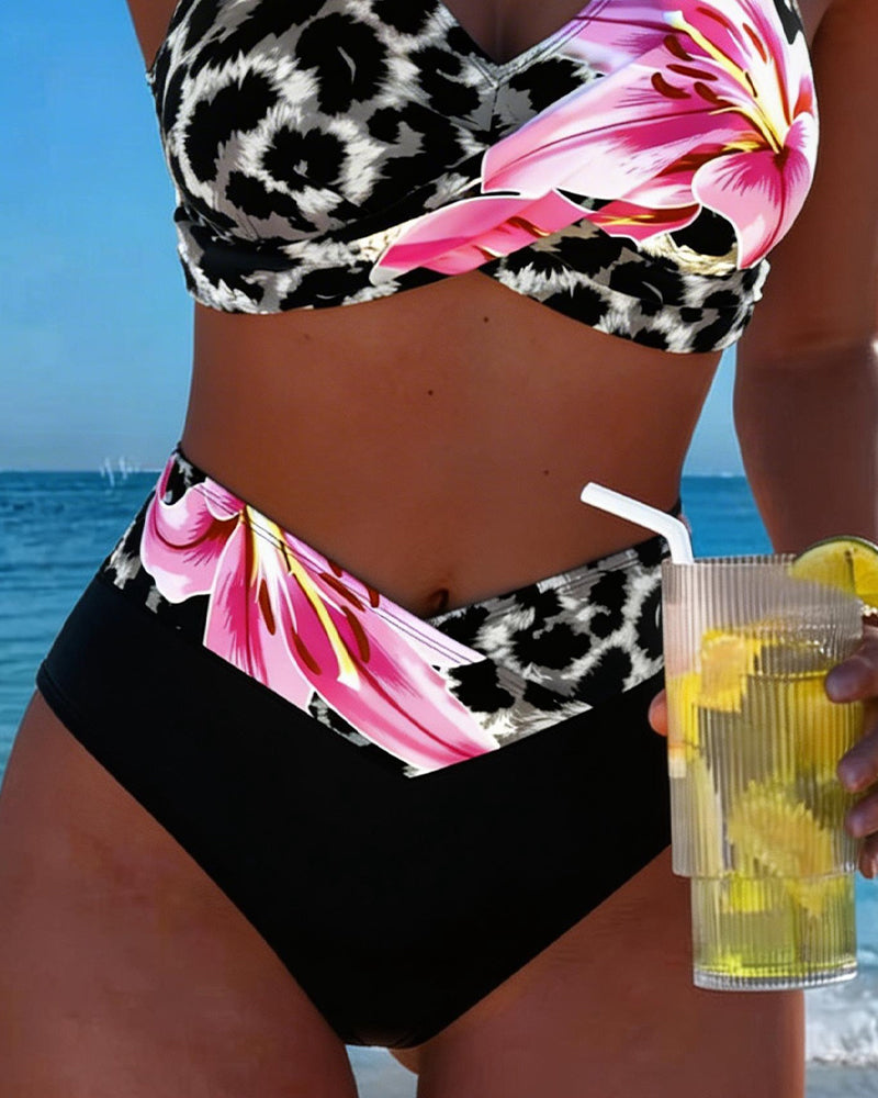 Bikini Leopard Druck Blumig Kontrastfarbe