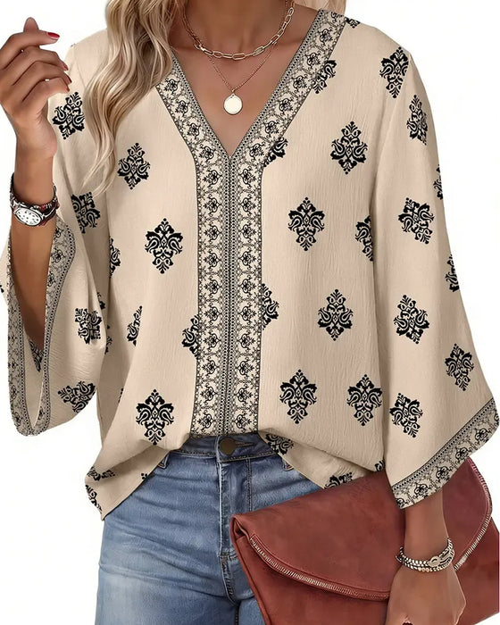 Bluse V-Ausschnitt Ethnisch Locker