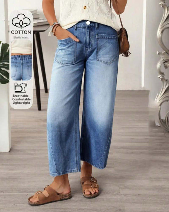 Jeans Denim Elastische Taille Weites Bein Cropped