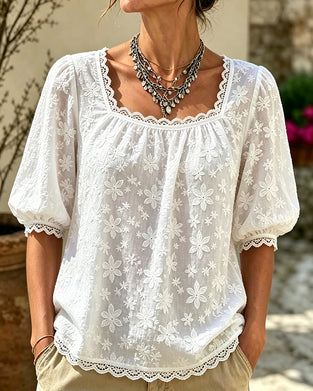 Bluse Mit Viereckigem Ausschnitt Puffärmel Jacquard