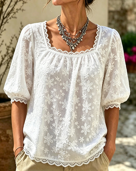 Bluse Mit Viereckigem Ausschnitt Puffärmel Jacquard