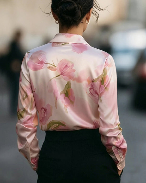 Bluse Revers V-Ausschnitt Blumenprint Langarm