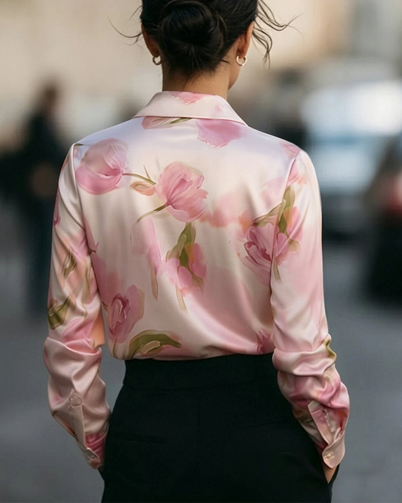 Bluse Revers V-Ausschnitt Blumenprint Langarm