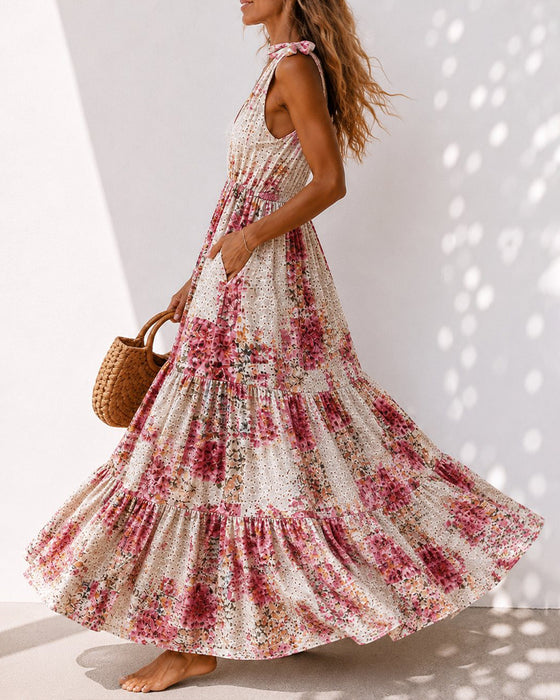 Kleid Blumen Bindung V-Ausschnitt Stufen
