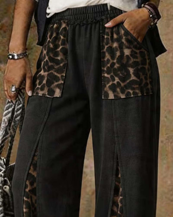Hose Leopardenprint Weit Patchwork Lässig