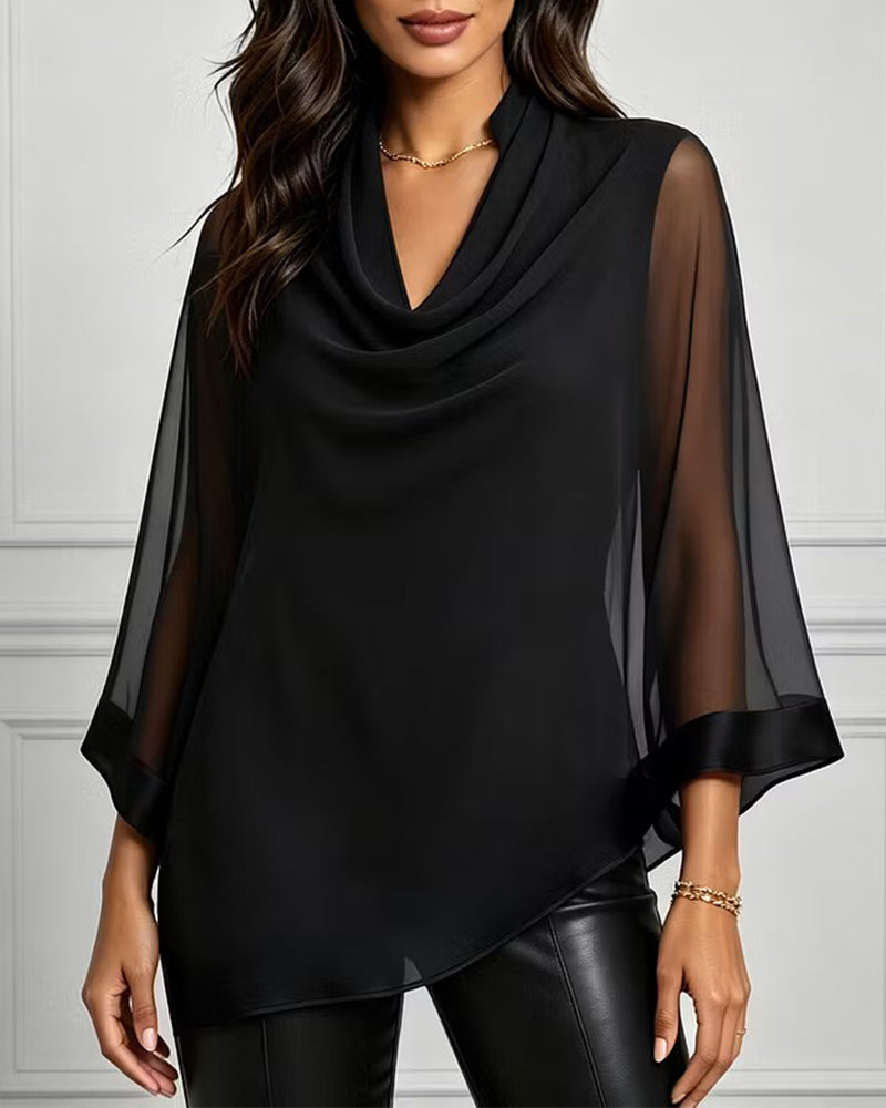 Bluse Mock Neck Unregelmäßig Uni Sheer