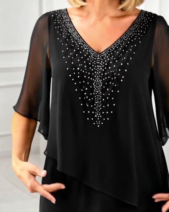 Kleid Lässig V-Ausschnitt Rhinestone