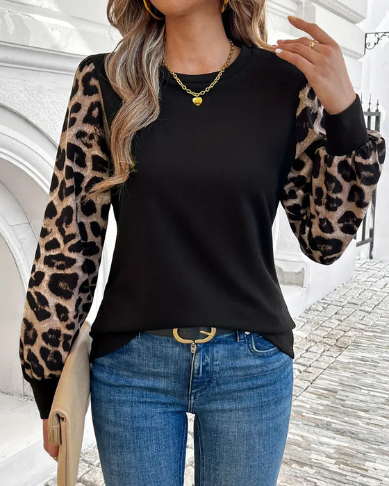 Top Langarm Leopard Print Kontrast