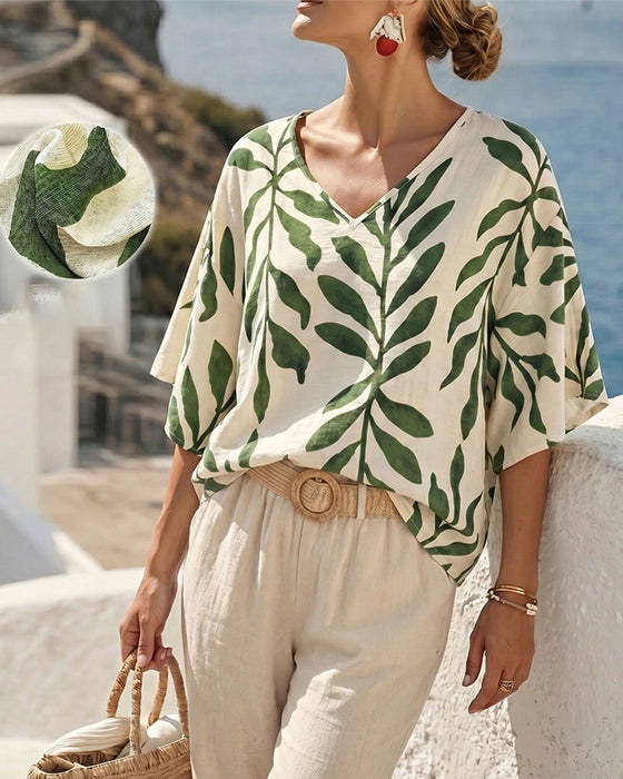 Bluse V-Ausschnitt Halbarm Blattprint