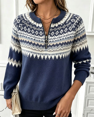 Rundhals-Pullover Mit Reißverschluss Und Diamantmuster