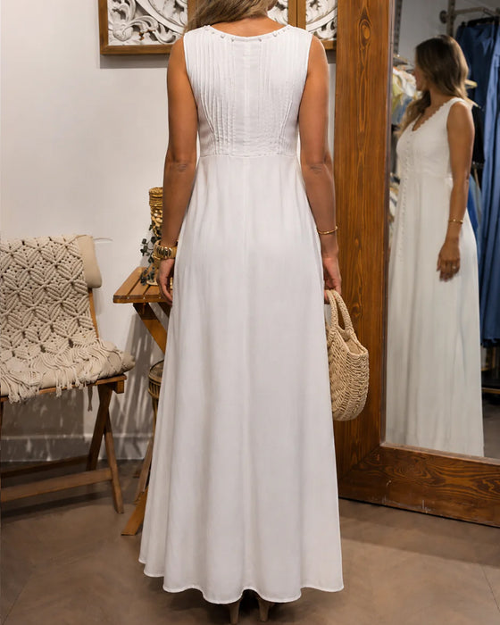 Kleid Ärmellos Knopf Vorne Weiß Maxi