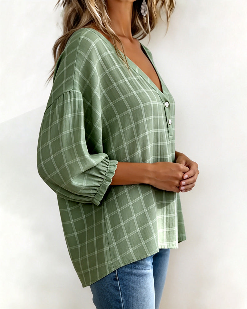 Top V-Ausschnitt Kariert Locker