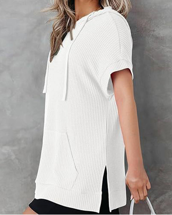 T-Shirt mit Kapuze Schlitz-Tasche Rundhalsausschnitt