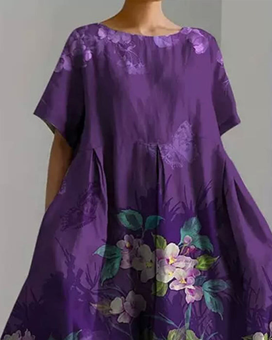 Kleid Rundhals Lila Blumen