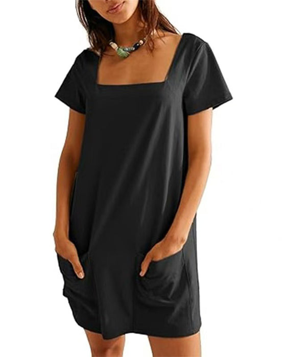 Kleid Quadratischer Ausschnitt Kurzarm Tasche