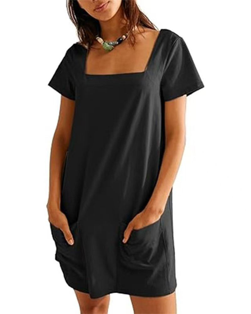 Kleid Quadratischer Ausschnitt Kurzarm Tasche
