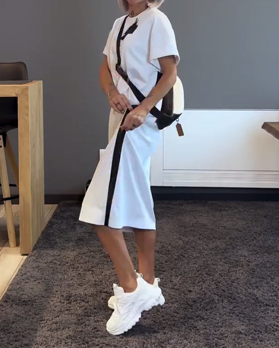 Kleid Rundhals Kontrastfarbe Schlitz Lässig