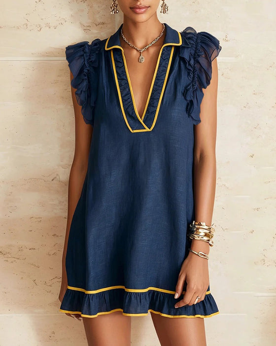 Kleid Revers Farbblock Rüsche Ärmel
