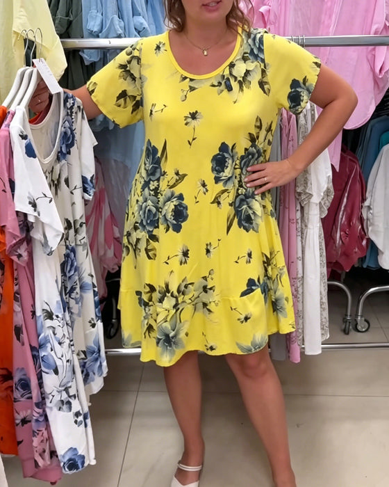 Kleid Rundhals Blumen A-Linie