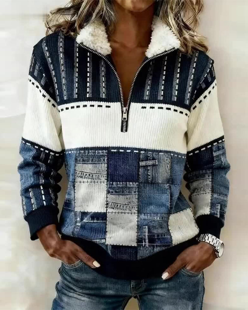 Retro-Sweatshirt mit Halbreißverschluss-Kragen