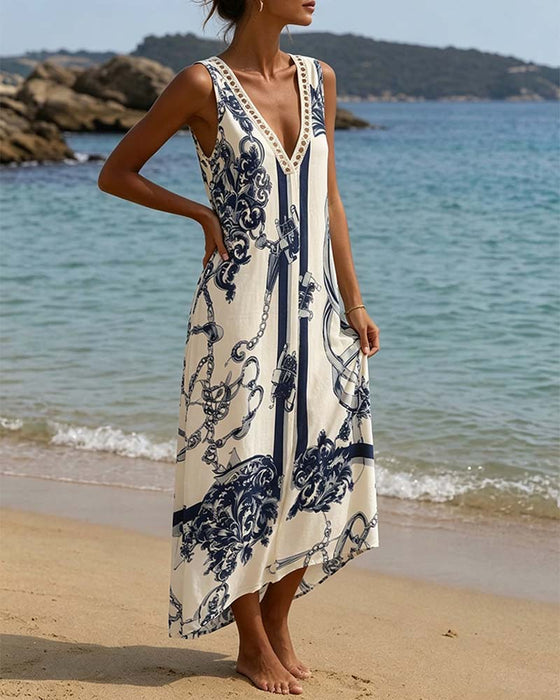 Kleid V-Ausschnitt Ärmellos Mit Print