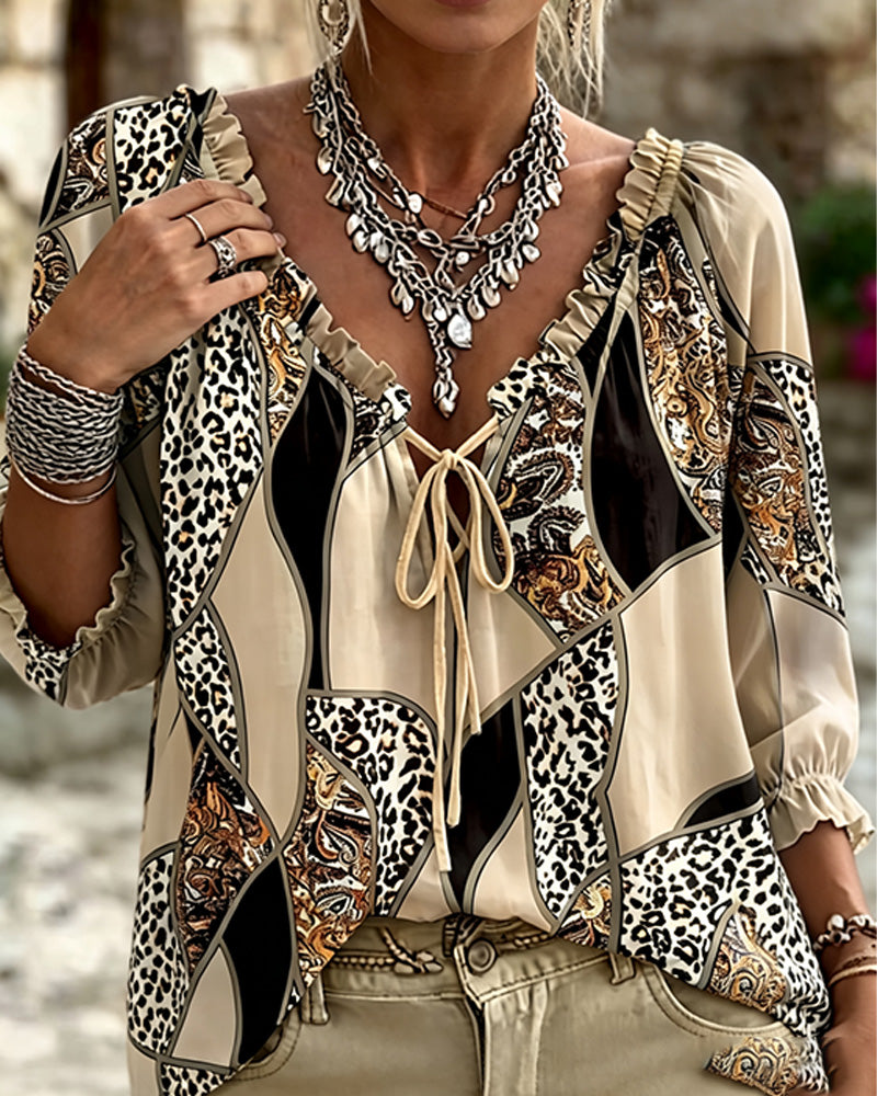 Bluse V-Ausschnitt Leopard Puffärmel Binden