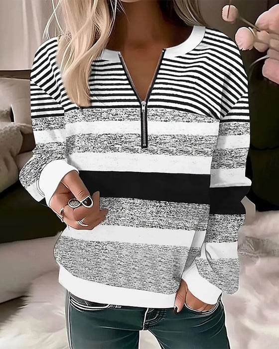 Sweatshirt Casual Halbreißverschluss Gestreift