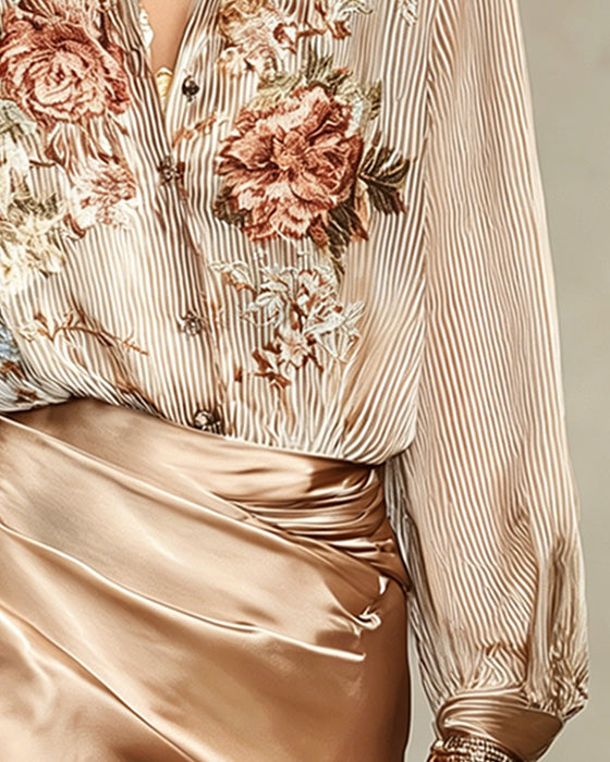 Bluse Revers Blumig Streifen