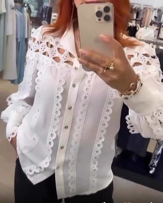 Bluse Laternenärmel Cutout Spitze