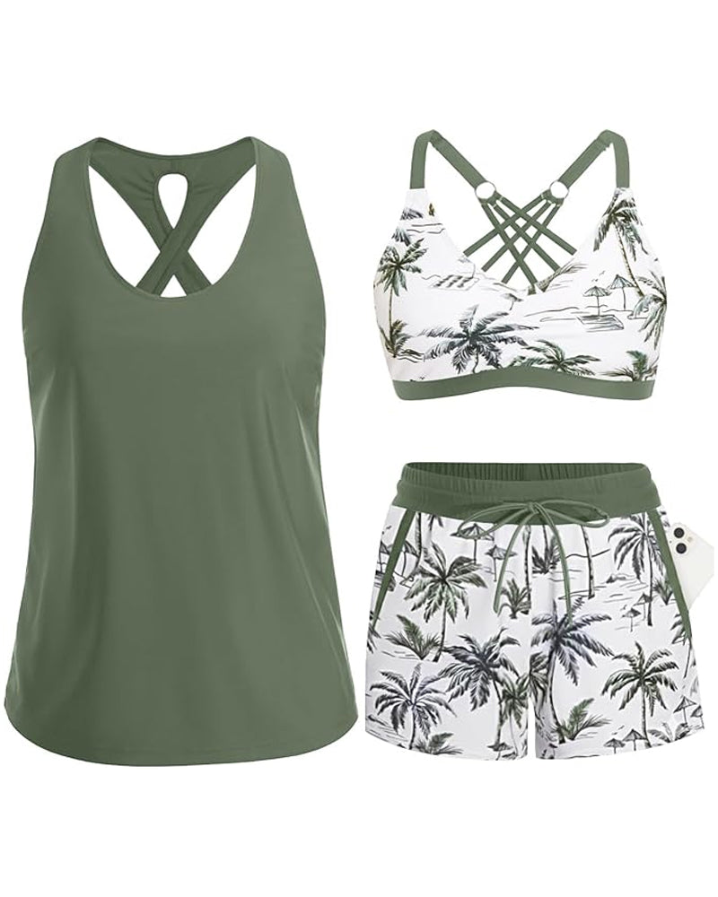 Abdeckung Und Bikini Crisscross Ärmelloses Oberteil + Kordelzug Bedruckte Hose Für