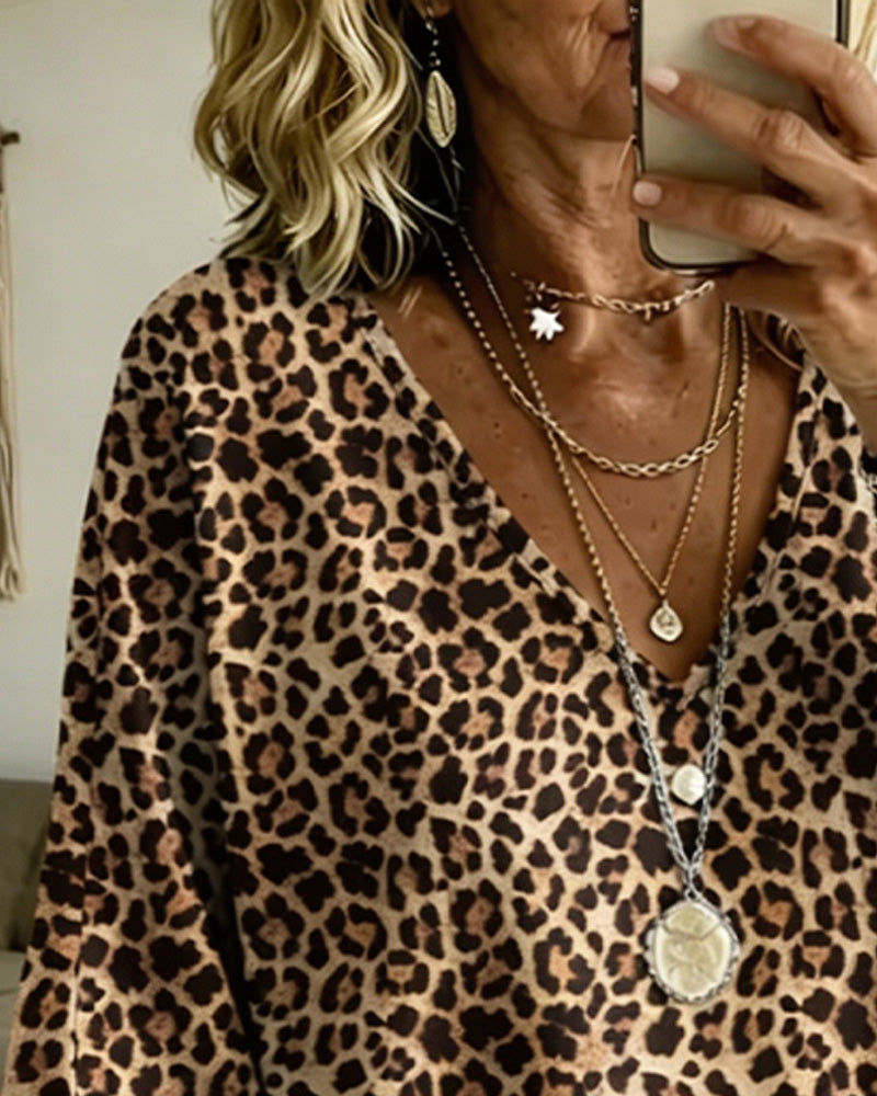 Bluse V-Ausschnitt Leopard Lässig