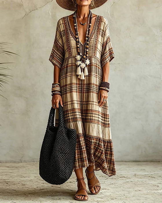 Kleid V-Ausschnitt Karo Patchwork