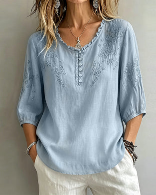Bluse Stickerei 3/4-Arm Einfarbig
