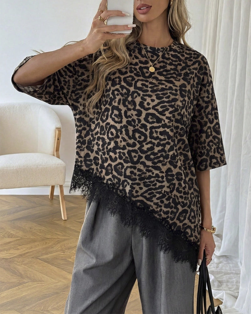 Bluse Asymmetrisch Spitze Zusammengesetzter Saum Kurzarm