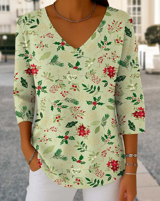 Damen Stricktop mit Weihnachtsdruck, V-Ausschnitt, 3/4-Ärmeln, Casual-Stil und lockerer Passform