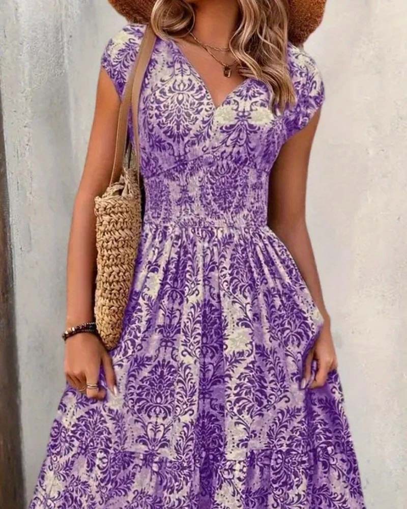 Kleid Retro Print V-Ausschnitt Tailliert Lang
