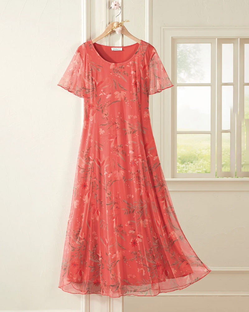 Kleid Blumig Rundhals Maxi