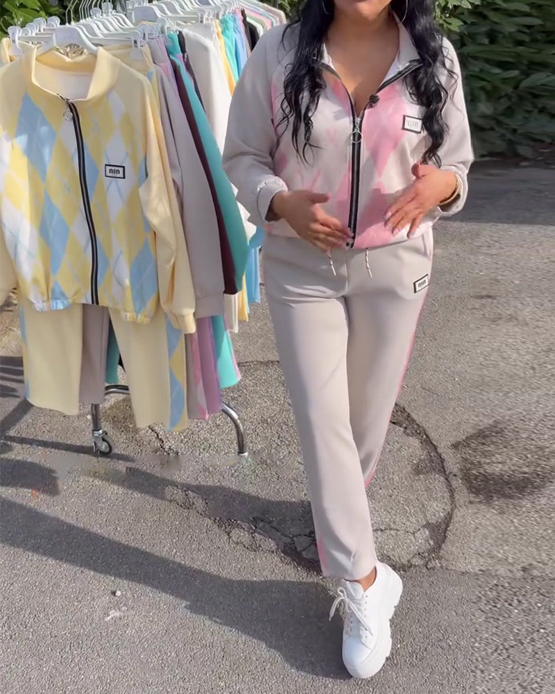 Zweiteiler kariert Oberteil mit Reißverschluss und Hose