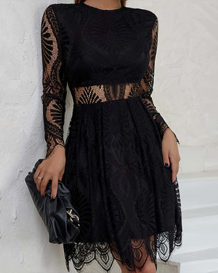 Kleid Rundhals Spitze Ausschnitt Taille