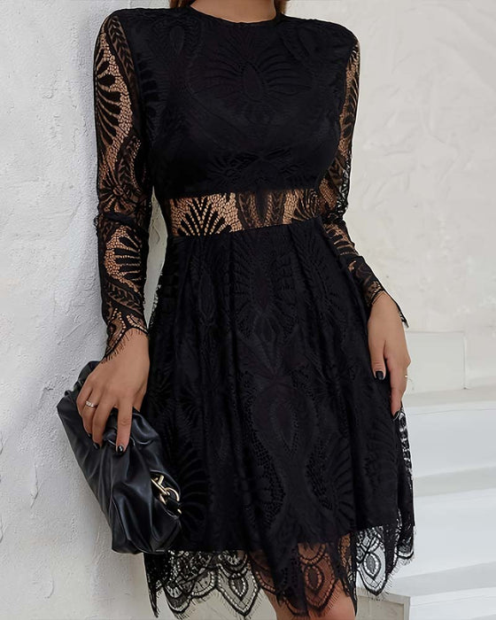 Kleid Rundhals Spitze Ausschnitt Taille