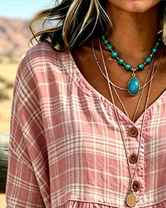 Bluse Vintage Karo V-Ausschnitt