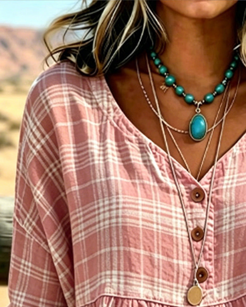 Bluse Vintage Karo V-Ausschnitt